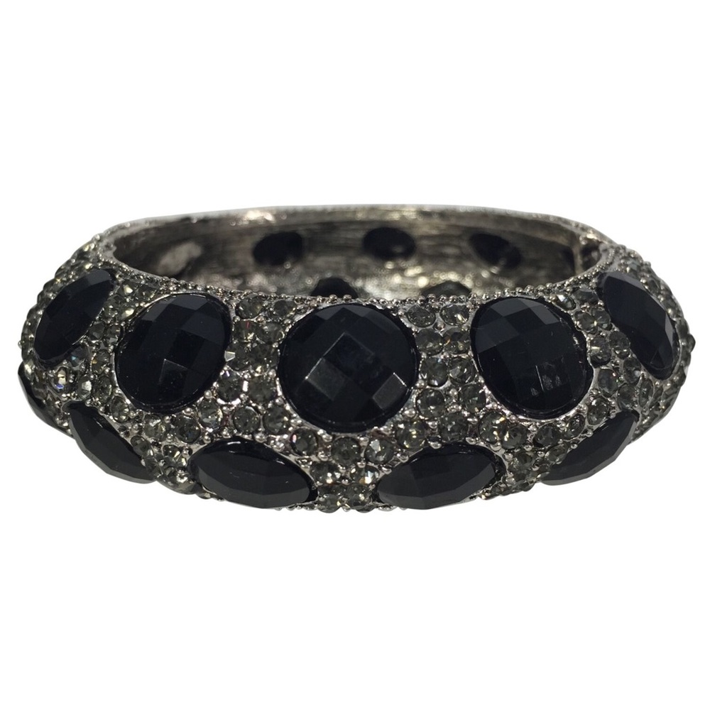Black Dot Grey Rhinestone Fancy Statement Hinged Bangle Bracelet